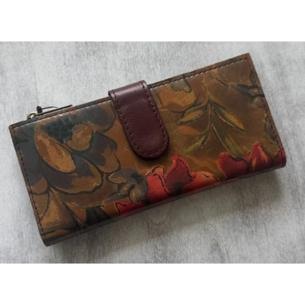 Patricia Nash NAZARI Leather Bifold Wallet Floral Sienna Sunset Brown